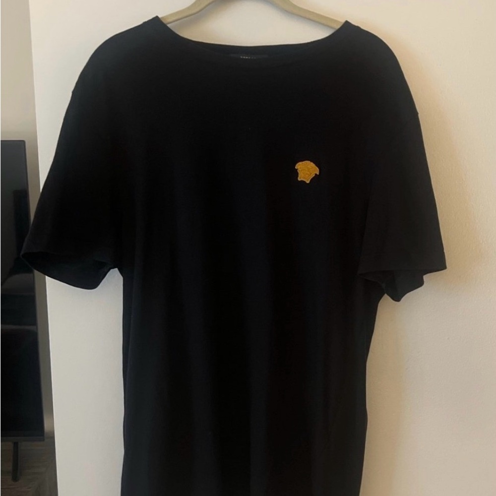 Versace Black Tee with Gold Medusa Emblem